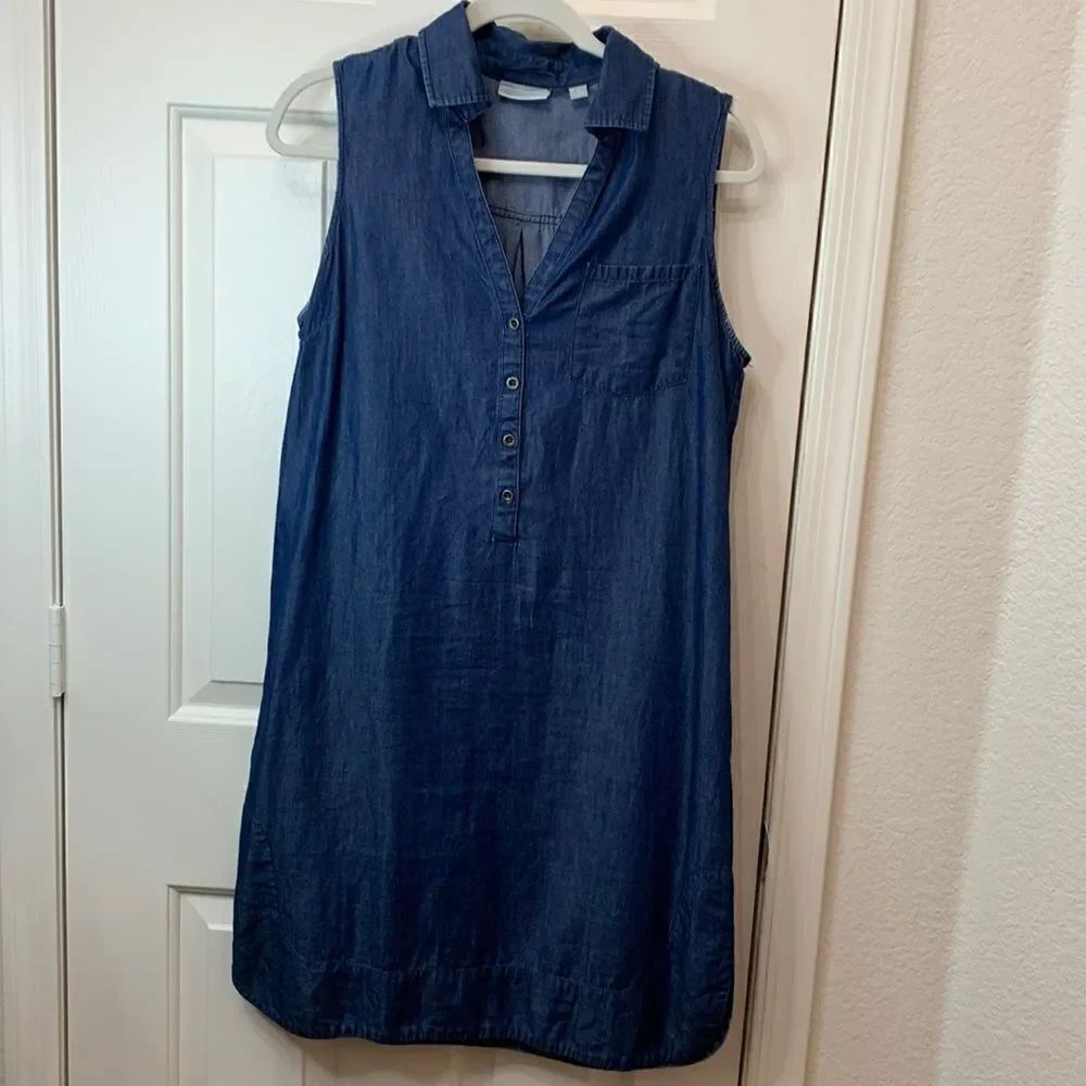 New York Company Dress Medium Blue Denim Collar V Neck Short Sleeve Button Front